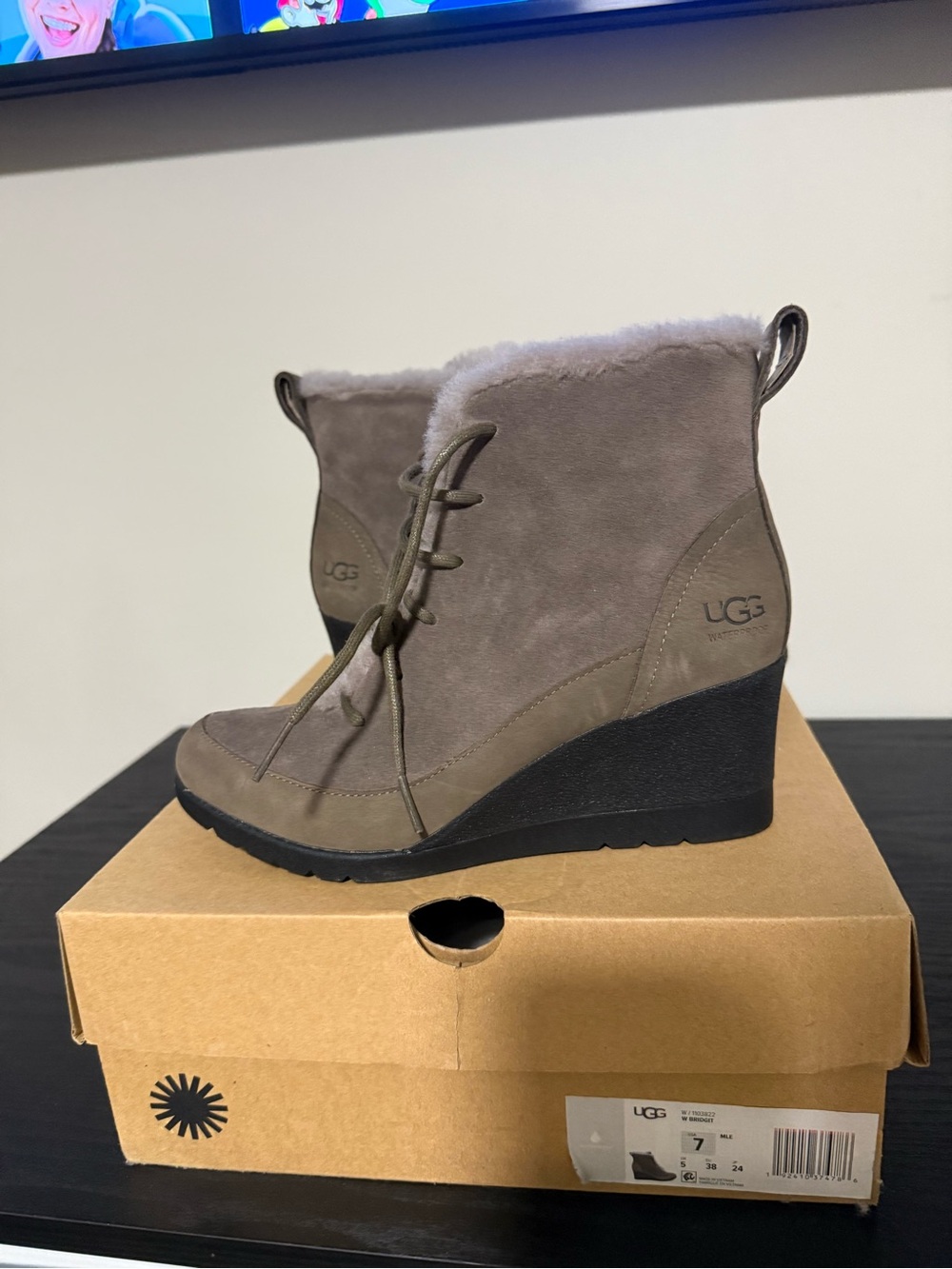 UGG Taupe Suede Wedge Lace-Up Ankle Boots with Shearling Collar